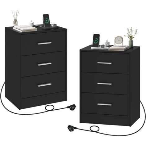 Lot de 2 Table de Chevet WOLTU, Table d'Appoint, avec Prise Intégrée, Station de Charge, 2 Prises AC, 1 Port USB, 1 Port Type-C, 39x28,5x54,5cm, Noir (1/5)