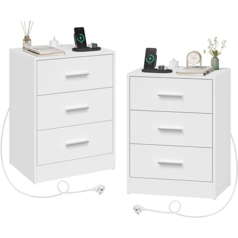Woltu – Lot de 2 tables de chevet avec station de charge intégrée – 2 prises AC, 1 port USB, 1 port Type-C – Dimensions 39x28,5x54,5cm – Blanc