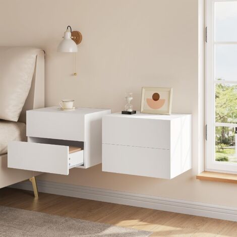 Lot de 2 Table de Chevet Suspendue WOLTU, Table de Chevet Murale avec Tiroir, Mobilier de Chambre en Bois, 40x30x30 cm, Blanc (1/5)