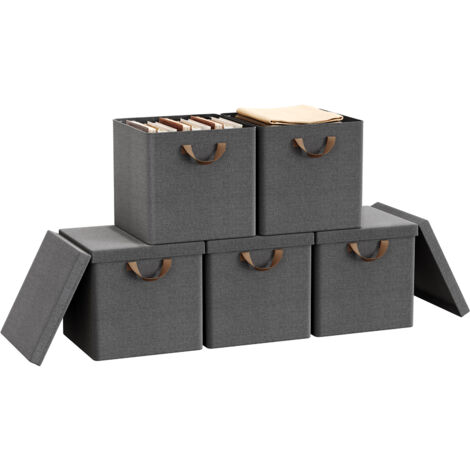 Lot de 5 Boîtes Rangement WOLTU, 33x33x31,5 cm, Cubes de Rangement Tissu avec Couvercle, Poignée et Cadre en Métal, Pliable, Gris