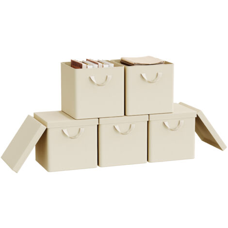 Lot de 5 Boîtes Rangement WOLTU, 30x30x29 cm, Cubes de Rangement Tissu avec Couvercle, Poignée et Cadre en Métal, Pliable, Crème