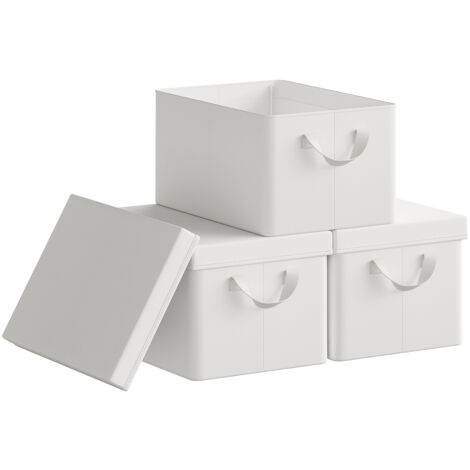 Lot de 3 Boîte de Rangement WOLTU, 38x27x20 cm, avec Couvercle, Coffre de Rangement en Tissu non Tissé, Pliable, Blanc (1/5)