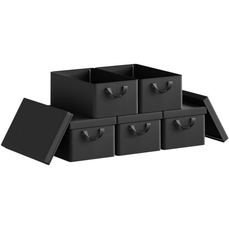 Lot de 5 Boîte de Rangement WOLTU, 48x29x20 cm, avec Couvercle, Coffre de Rangement en Tissu non Tissé, Pliable, Noir