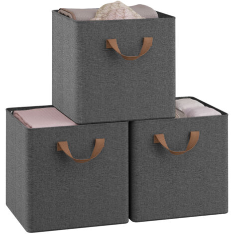 Lot de 3 Cubes de Rangement WOLTU, 29,5x29,5x28,5 cm, Boîte Rangement Pliable, avec Poignée, Cadre en Métal, en Tissu, Gris