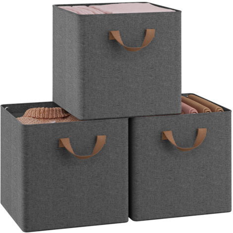 Lot de 3 Cubes de Rangement WOLTU, 32,5x32,5x31 cm, Boîte Rangement Pliable, avec Poignée, Cadre en Métal, en Tissu, Gris
