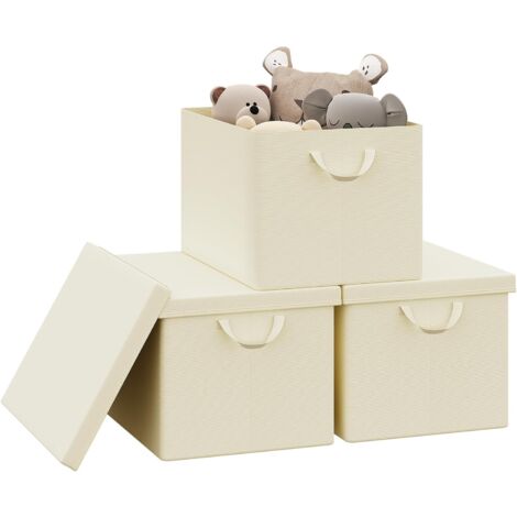 Lot de 3 Boîte de Rangement WOLTU, 48x36x30 cm, avec Couvercle, Coffre de Rangement en Tissu non Tissé, Pliable, Crème