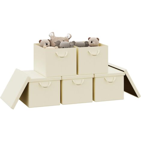 Lot de 5 Boîte de Rangement WOLTU, 48x36x30 cm, avec Couvercle, Coffre de Rangement en Tissu non Tissé, Pliable, Crème