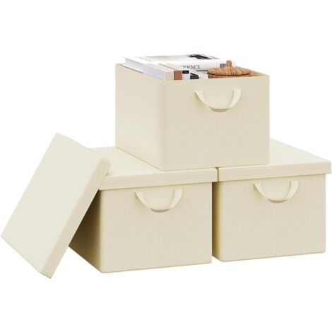 Lot de 3 Boîte de Rangement WOLTU, 43x33x26 cm, avec Couvercle, Coffre de Rangement en Tissu non Tissé, Pliable, Crème