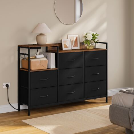 Commode à 8 Tiroirs WOLTU, Commode avec Station de Charge, Tiroirs en Tissu et Crochets, en Métal et Bois d'Ingénierie E1, Marron Rustique + Noir