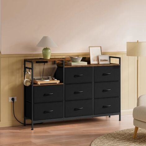 Commode à 8 Tiroirs WOLTU, Commode avec Station de Charge, Tiroirs en Tissu et Crochets, en Métal et Bois d'Ingénierie E1, Marron Rustique + Noir