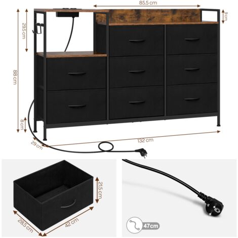 Commode à 8 Tiroirs WOLTU, Commode avec Station de Charge, Tiroirs en Tissu et Crochets, en Métal et Bois d'Ingénierie E1, Marron Rustique + Noir