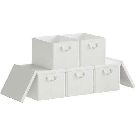 Lot de 5 Boîte de Rangement WOLTU, 48x36x30 cm, avec Couvercle, Coffre de Rangement en Tissu non Tissé, Pliable, Blanc