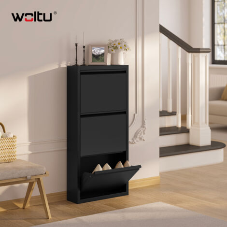 Meuble à Chaussures WOLTU, pour 9 Paires, Meuble d'Entrée Étroit en Métal, Porte Abattante, 3 Compartiments, Noir, 50x15x106 cm (1/5)