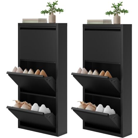 Lot de 2 Meuble à Chaussures WOLTU, pour 18 Paires, Meuble d'Entrée Étroit en Métal, Porte Abattante, 3 Compartiments, Noir, 50x15x106 cm