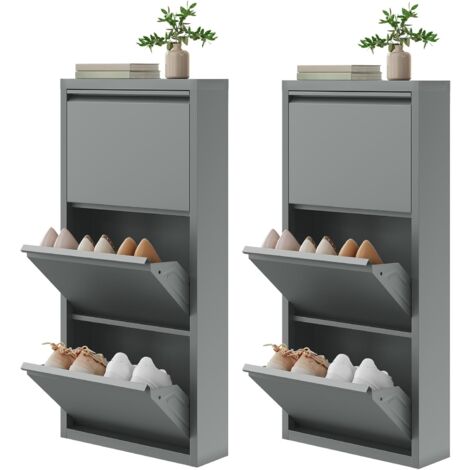 Lot de 2 Meuble à Chaussures WOLTU, pour 18 Paires, Meuble d'Entrée Étroit en Métal, Porte Abattante, 3 Compartiments, Gris Clair, 50x15x106 cm