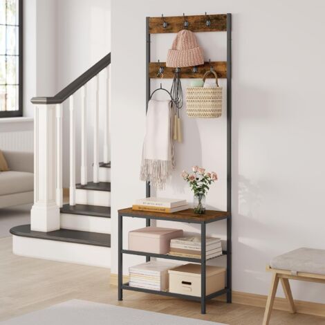 Woltu – Meuble à chaussures avec portemanteau 7 crochets doubles – Banc et étagère à chaussures 2 niveaux – Noir et marron rustique – L60 x P31,5 x H170cm