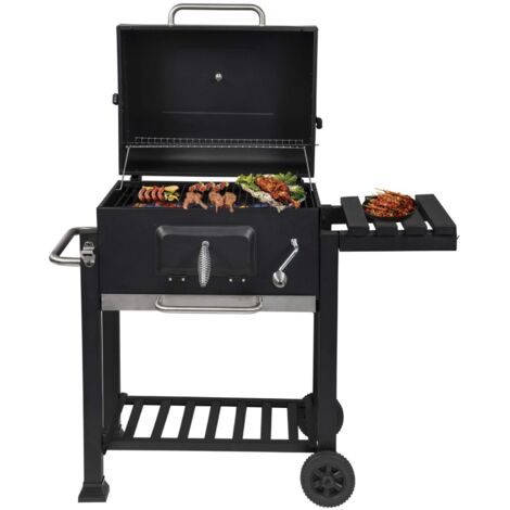 Woltu – Barbecue portable charbon 113x45,5x100 cm – Réglable en hauteur – Avec roues – Support en bois pour outils – Thermomètre intégré