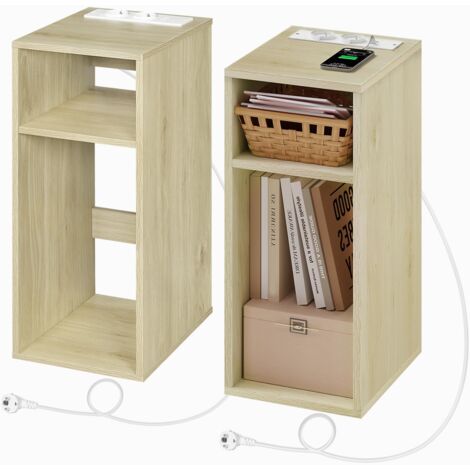 Woltu – Lot de 2 tables de chevet avec station de charge – 2 prises et 4 ports USB – Dimensions 25x30x60cm – Panneau de particules E1 grain bois clair