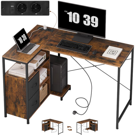 Woltu – Bureau d'angle 120x80 cm – Table d'ordinateur avec étagère réversible – Multiprise avec 2 prises AC et USB – Cadre en métal marron rustique (1/5)