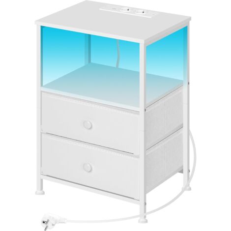 Table de Chevet avec Prises WOLTU, Table d'Appoint avec 2 Tiroirs en Tissu, Éclairage LED, Blanche, Métal + MDF
