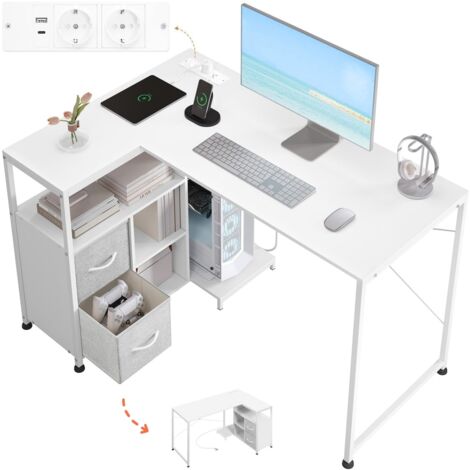 Bureau d'angle WOLTU, 120x80 cm, Table d'Ordinateur avec Étagère Réversible, Prises et Port USB-A Typ-C, Forme de L, Cadre en Métal, Blanc
