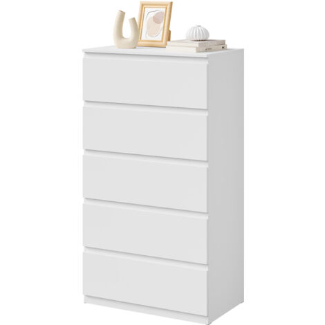 Woltu – Commode blanche étroite 60x37x110 cm – 5 tiroirs en panneaux de particules E1 – Design moderne sans poignée – Gain d'espace optimal