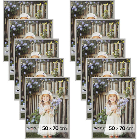 Lot de 10 Cadre Photo 50x70 cm WOLTU, Cadre en Bois Massif, Décoration Murale ou sur Table, avec Passe Partout, Argenté