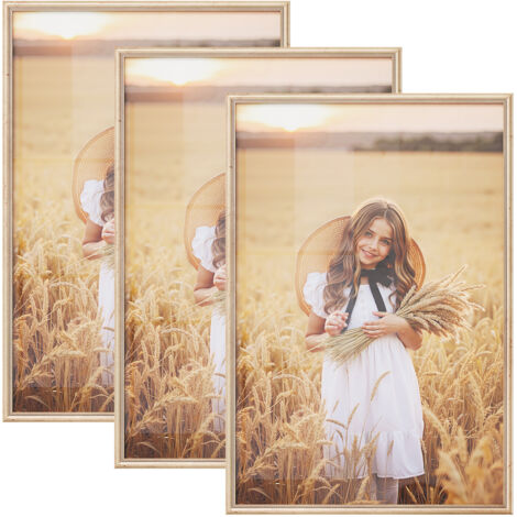 Lot de 3 Cadre Photo 40x60 cm WOLTU, Cadre en Bois Massif, Décoration Murale ou sur Table, avec Passe Partout, Doré (1/5)