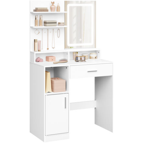 WOLTU Coiffeuse avec Miroir LED, Meuble de Maquillage avec Tiroir, Étagères de Rangement, 3 Casiers Ouverts, en Bois d'Ingénierie, 80x40x140cm, Blanc