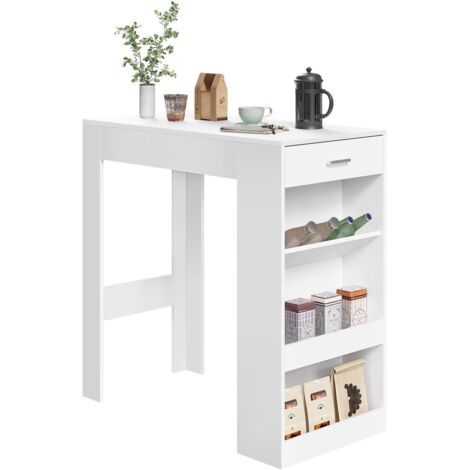 WOLTU Table de Bar, Table Haute Cuisine Bois d'Ingénierie, 1 Tiroir et 3 Compartiments Ouverts Rangement Latéral, 100x50x100 cm, Blanc