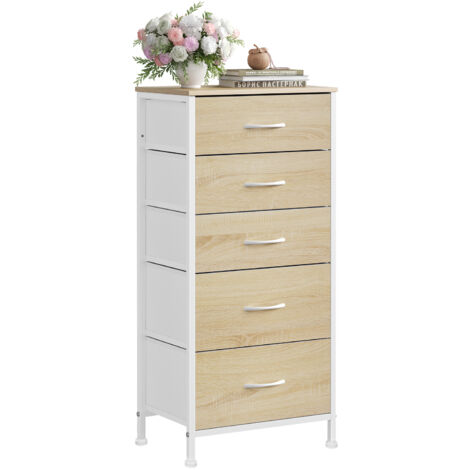 WOLTU Commode avec 5 Tiroirs en Tissu, Meuble de Rangement, en MDF Cadre en métal, Chêne Clair + Blanc