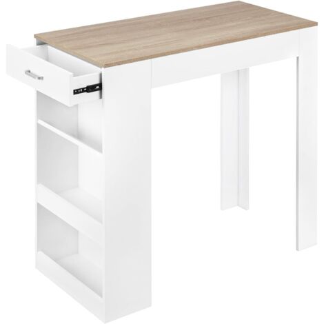 WOLTU Table de Bar, Table Haute Cuisine Bois d'Ingénierie, 1 Tiroir et 3 Compartiments Ouverts Rangement Latéral, 100x50x100 cm, Chêne Clair + Blanc (1/5)