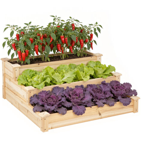 WOLTU Carré Potager à 3 Niveaux, Jardinière Surélevée avec Fond Ouvert, en Bois, Design en Escalier, 92x92x35 cm