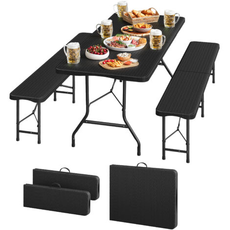WOLTU Ensemble de Meubles de Jardin, Set de 3 pièces : Table + 2 bancs Pliables, avec Structure en Métal, en Aspect Rotin, Noir (1/5)