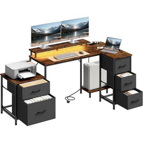 WOLTU Bureau d'angle en L, Bureau Gaming avec 5 Tiroirs et 2 Étagères, Éclairage LED, 2 Prises, 180x80x84 cm, Marron Rustique