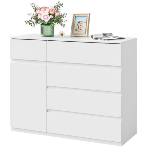 WOLTU Commode avec 5 Tiroirs et 1 Placard, Meuble de Rangement, en Bois d'Ingénierie, Étagère Réglable, 100x40x80 cm, Blanc