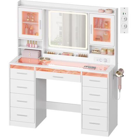 WOLTU Coiffeuse avec Plateau en Verre Miroir, Grande Coiffeuse avec LED Réglable, 9 Tiroirs, Prise de Courant, Blanc