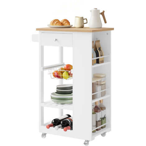 WOLTU Desserte à roulettes avec Plan de Travail, Meuble Cuisine, Bambou + Blanc (1/5)