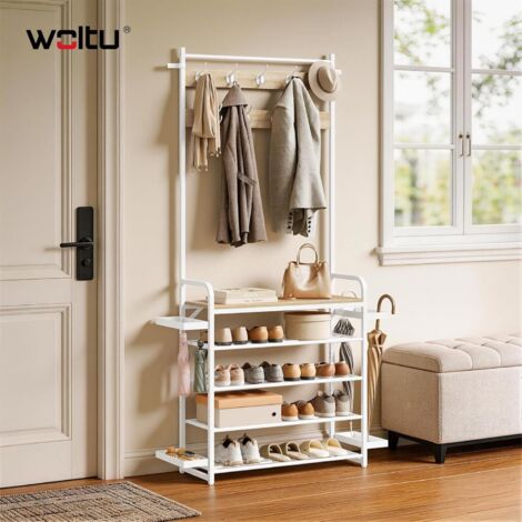 WOLTU Penderie 4 en 1 en Métal, Portant à Vêtements avec Étagère à Chaussures, 80x30x190 cm, Chêne Clair + Blanc (1/5)