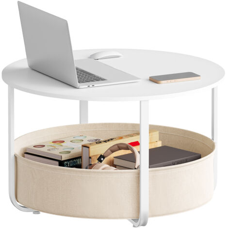 WOLTU Table Basse Ronde, Table d'Appoint de Salon, avec Panier de Rangement en Toile, Ø 80 cm, Blanc + Beige (1/5)