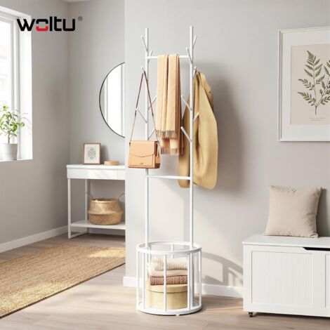 WOLTU Portemanteau Métallique avec Panier de Rangement Rond, Portant à Vêtements sur Pied, Ø40H175cm, Blanc (1/5)