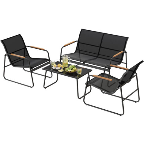 WOLTU Salon de Jardin Extérieur avec Structure Métallique, Tissu Polyester, 1 Table, 2 Chaises et 1 Banc de Jardin, Noir (1/5)