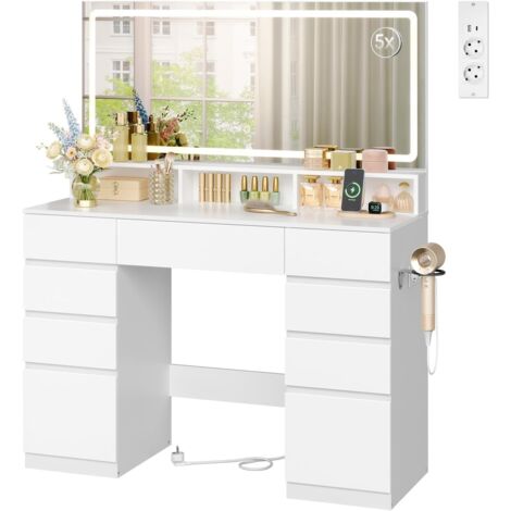 WOLTU Coiffeuse avec Grand Miroir LED, Table de Maquillage, 9 Tiroirs, 3 Étagères, Station de Charge, Blanche
