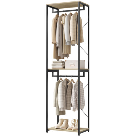 Woltu – Porte-manteaux sur pieds en métal et MDF – Noir et chêne clair – Dimensions 60x40x213 cm – 2 tringles avec capacité 10 kg chacune