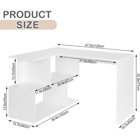 Table de Bureau en aggloméré - WOLTU - Table de Travail PC -  Table d'ordinateur avec étagères - 120x100x77cm - Blanc