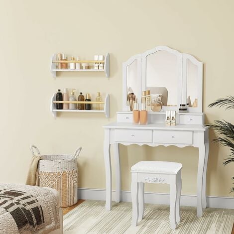 WOLTU Coiffeuse table de maquillage avec 3 miroirs.4 tiroirs et 1 tabouret.  Coiffeuse en MDF et en bois de pin massif.90x145x40 cm.Blanc