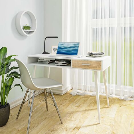 WOLTU Bureau d'ordinateur avec 1 tiroirs et 1 Compartiment Ouvert, Table de Bureau en Métal et Bois, 110x50x75cm, Blanc