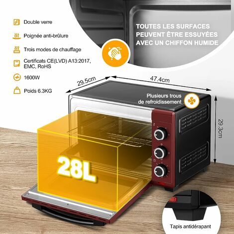 WOLTU BF09sz Mini Four à Pizza Double Porte en Verre avec Plaque de Cuisson et rôtissoire avec minuterie 0-250 ° C 1400 W,20 litres Noir 