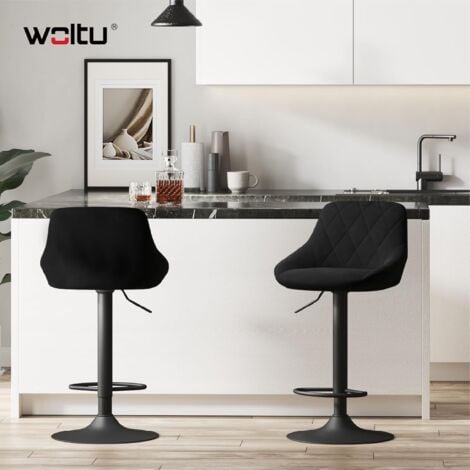 Lot de 2 Tabouret de bar WOLTU, siège en velours, tabourets de Cuisine Hauteur réglable pieds en métal, Noir