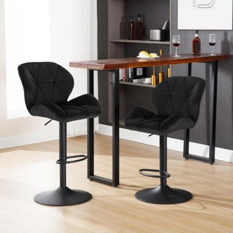 Lot de 2 Tabouret de Bar réglable en Hauteur WOLTU, Chaise Haute pour Bar avec Dossier siège rembouré en Velours Pied en métal, Noir